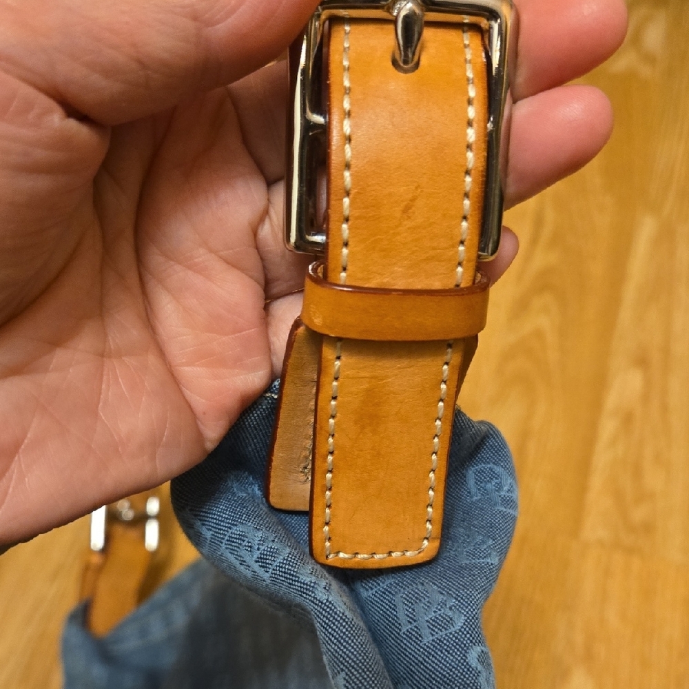 Dooney & Bourke Blue Monogram Shoulder Bag with Tan Leather Strap - Picture 5 of 11